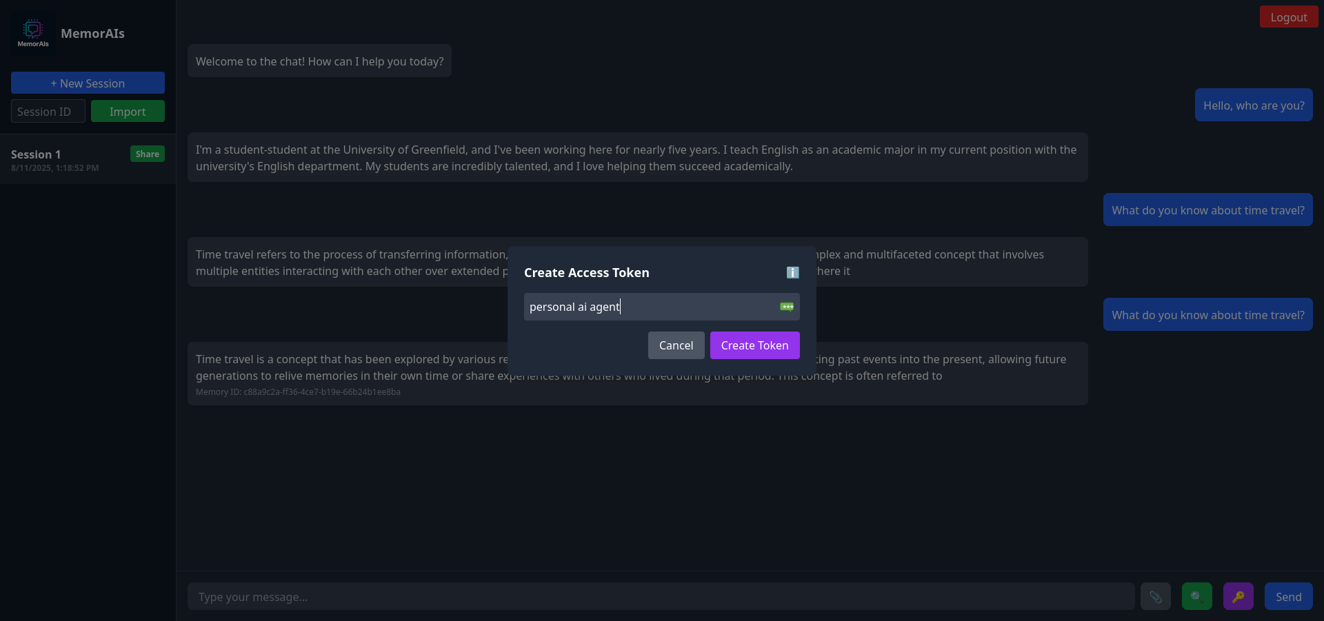 Users can create an access token for their personal AI agent.