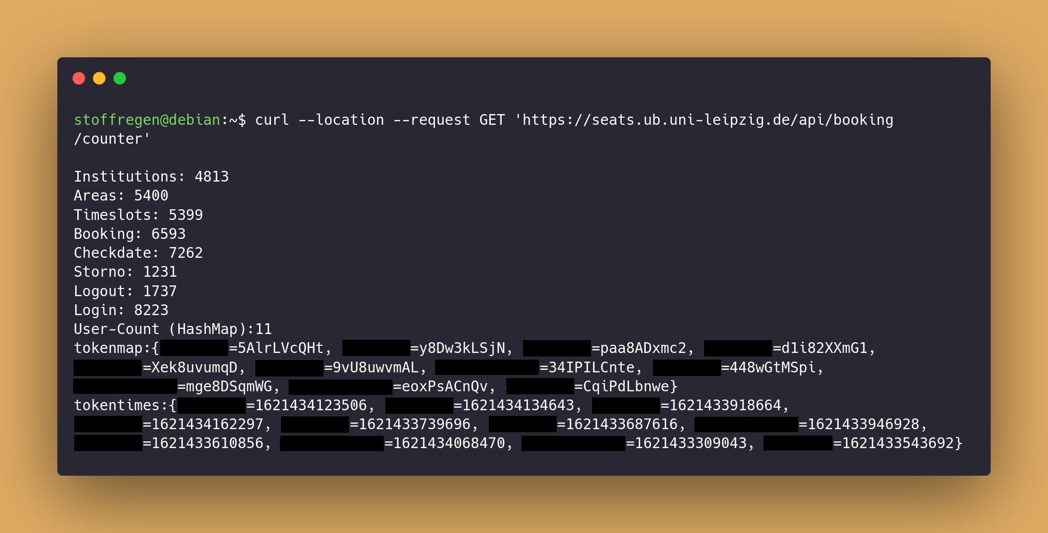 Der Counter Endpunkt gibt Statisken und eine HashMap der User mit ihren Tokens zurück.