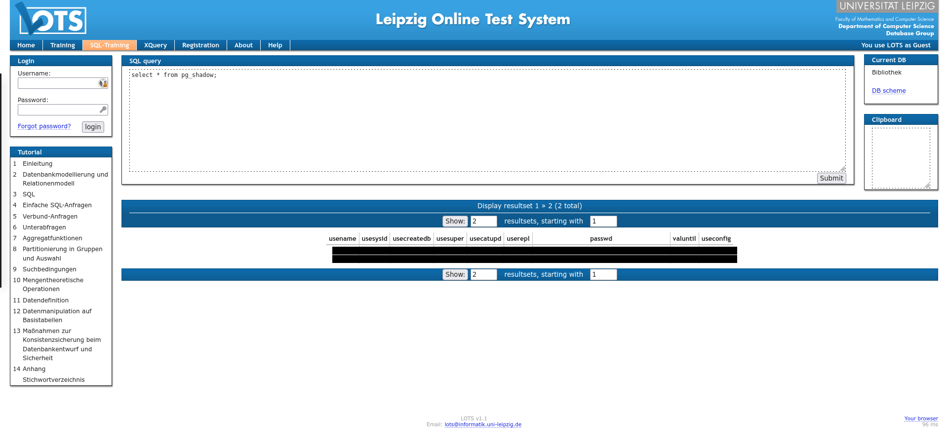 Ein Screenshot des Lots Systems, der die pg_shadow Datei zeigt.