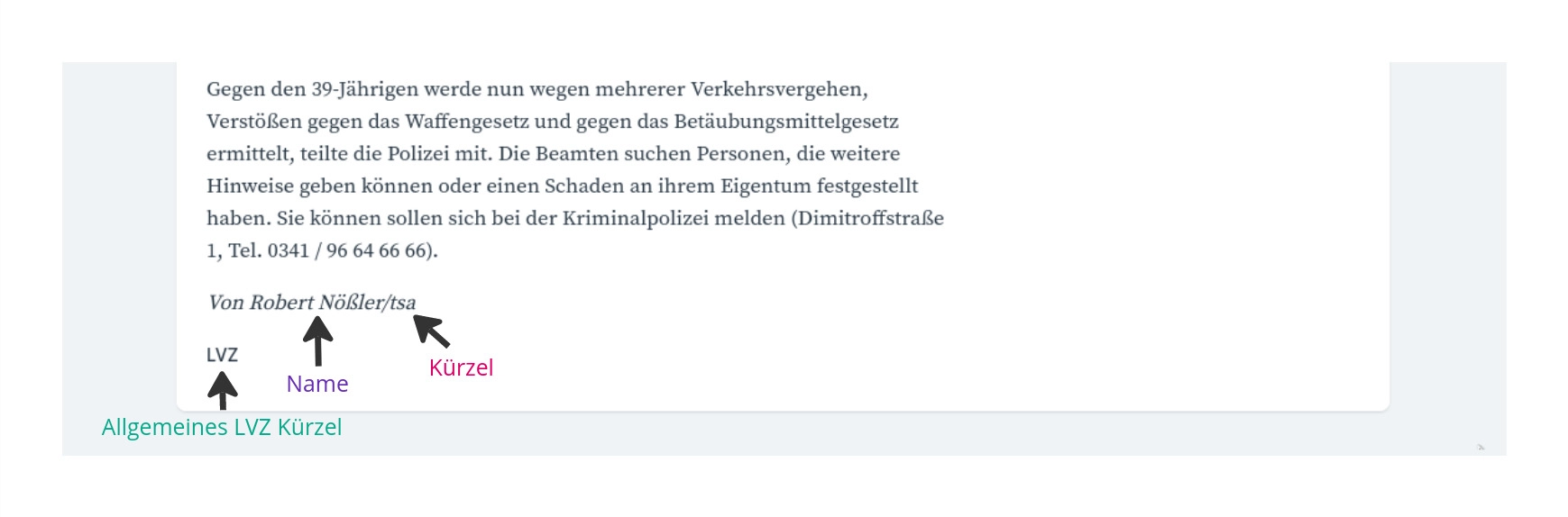 Das typische Ende eines LVZ Artikels. Unterschrieben mit einem Kürzel und einem Klarnamen.