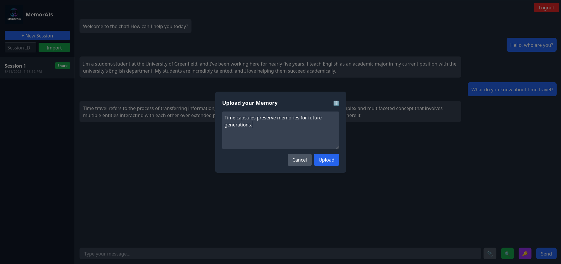The document (memories) upload for providing context to the retrieval augmented generation