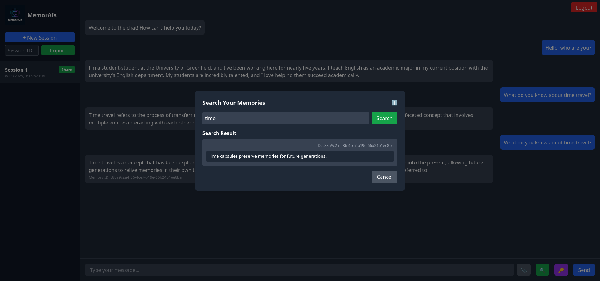 The search functionality. Users can search their own memories.